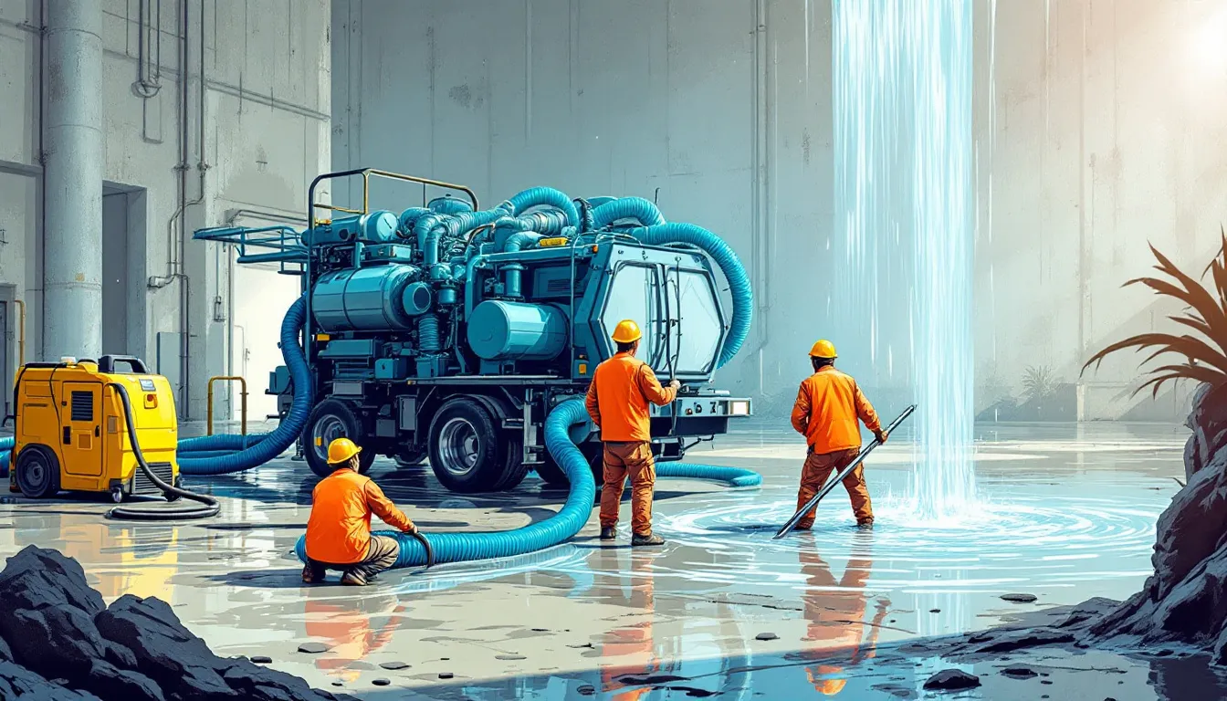 Emergency water removal techniques being applied in a flooded area.