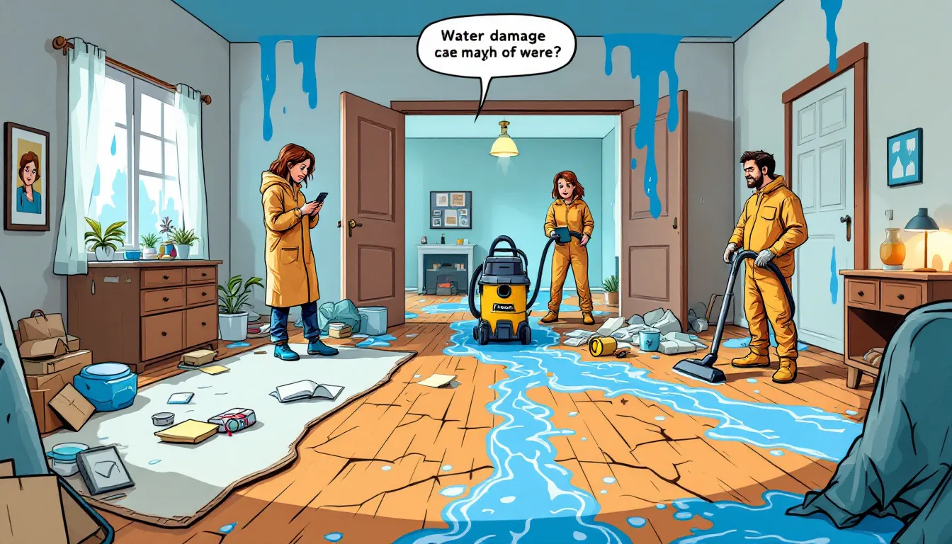 Repairing damaged walls and flooring after water damage restoration.