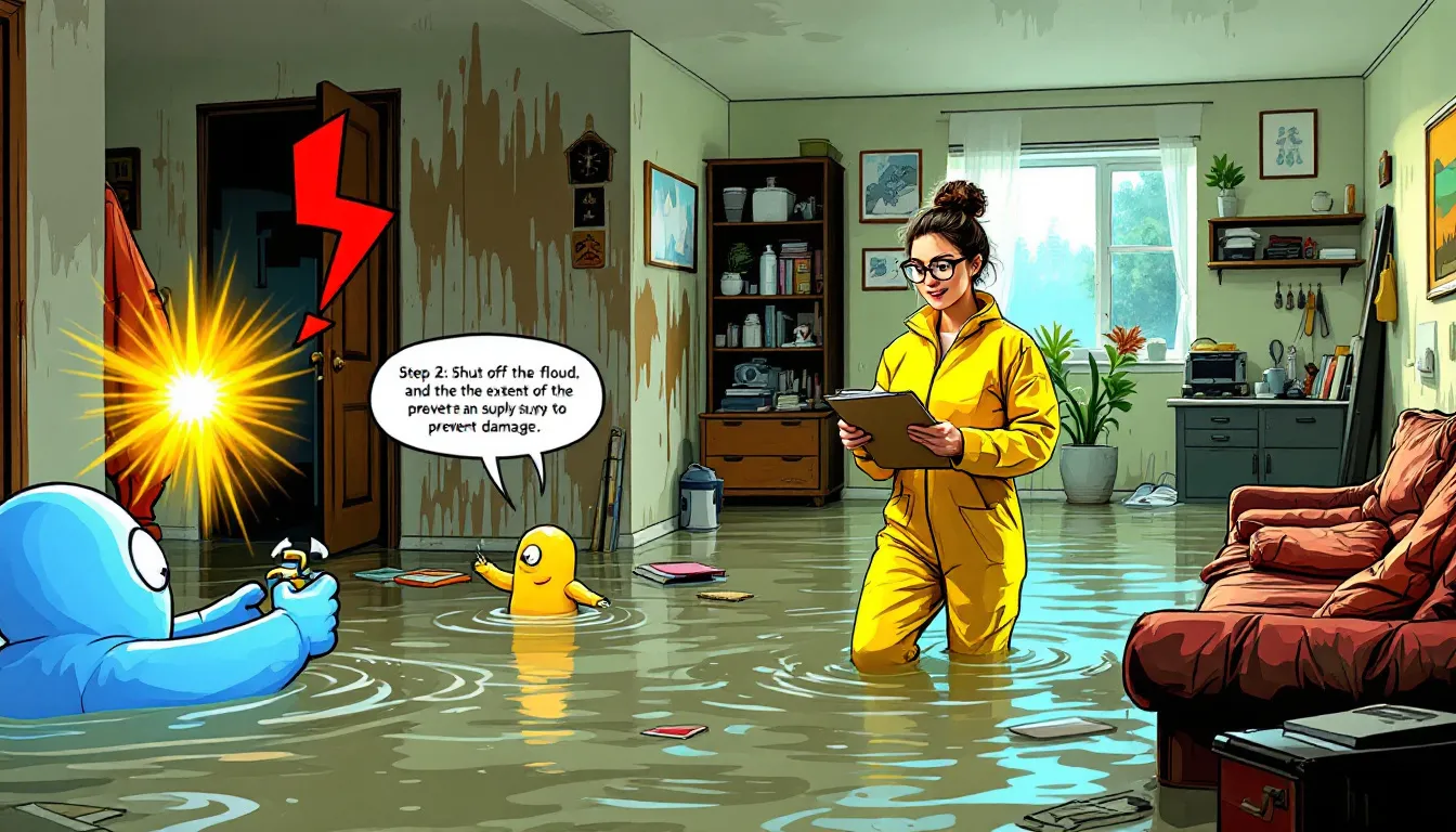 A person assessing water damage in a home after a flood.