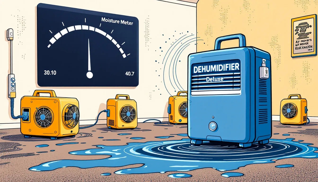 Dehumidifiers and air movers drying out a wet carpet after water damage.