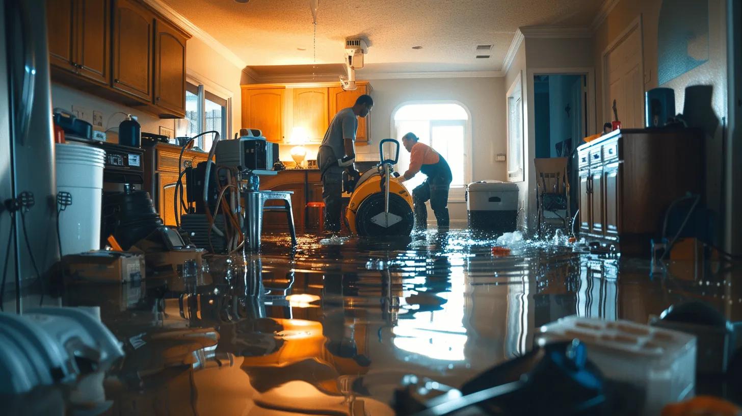 a professional water damage restoration team efficiently operates advanced industrial equipment in a flooded urban residential property, showcasing the rapid extraction and drying process in a well-lit, organized interior environment.