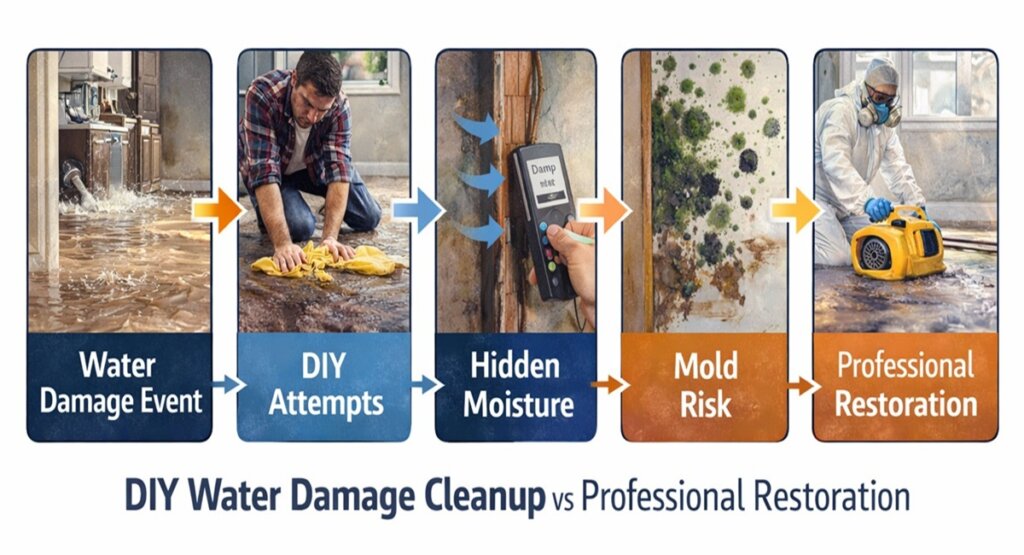 DIY Water Damage Cleanup vs Professional Restoration 1 When water damage strikes, many Greater Seattle homeowners grab towels, fans, and shop vacuums because they feel an urgency to begin cleaning up right away. Although quick action is important, DIY water damage cleanup often creates the illusion that everything is okay. If the area appears dry on the outside, there are still pockets of moisture that remain deep inside walls, floors, insulation, and other structural materials.