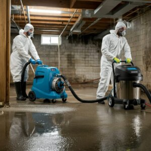 Emergency Water Removal Washington Floods - Professional water extraction team using industrial-grade equipment in a flooded residential basement, with standing water...