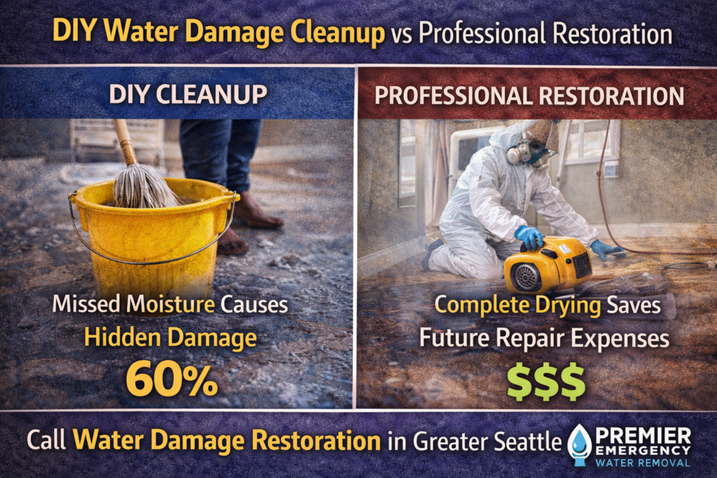 image 1 When water damage strikes, many Greater Seattle homeowners grab towels, fans, and shop vacuums because they feel an urgency to begin cleaning up right away. Although quick action is important, DIY water damage cleanup often creates the illusion that everything is okay. If the area appears dry on the outside, there are still pockets of moisture that remain deep inside walls, floors, insulation, and other structural materials.