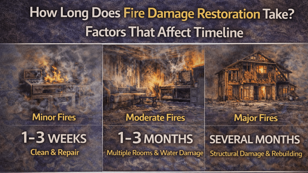 image 1 Your first thought following a house fire may be, "How long is this going to take to get fixed?" It is natural to want a quick return to normal, but fire damage restoration is not always a straightforward or fast process. Smoke, soot, firefighting water, and building structural damage are all present and affect the overall fire restoration timeline in ways that most people do not realize.