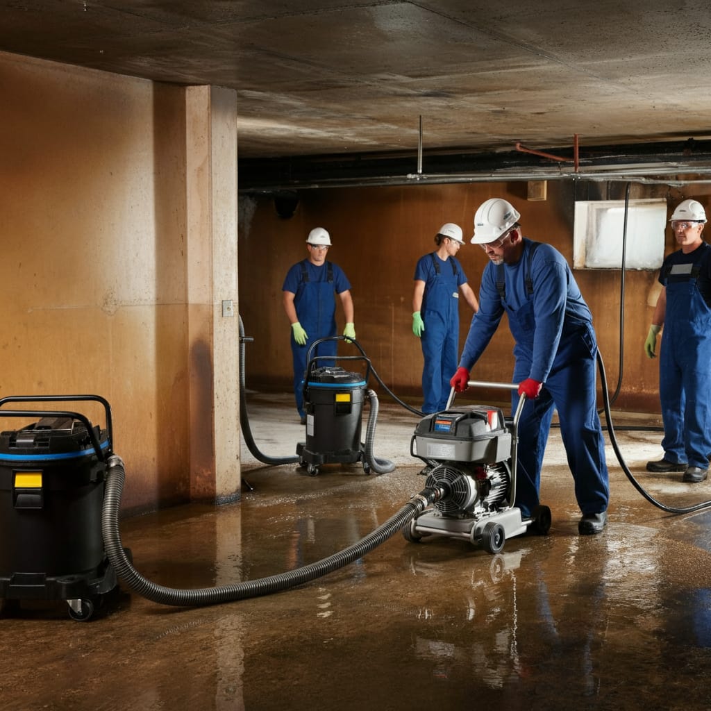 What is The Fire Damage Restoration Process? - Professional water extraction team using industrial submersible pumps and wet vacuums to remove standing water from a fire...