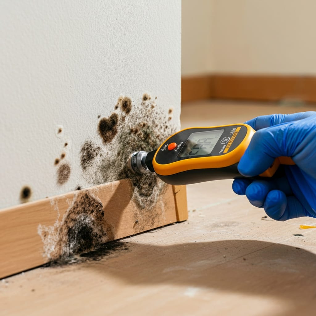 What Is Water Damage Restoration? - Close-up of visible mold growth on drywall and baseboards in a residential home, showing dark patches and discoloration, w...