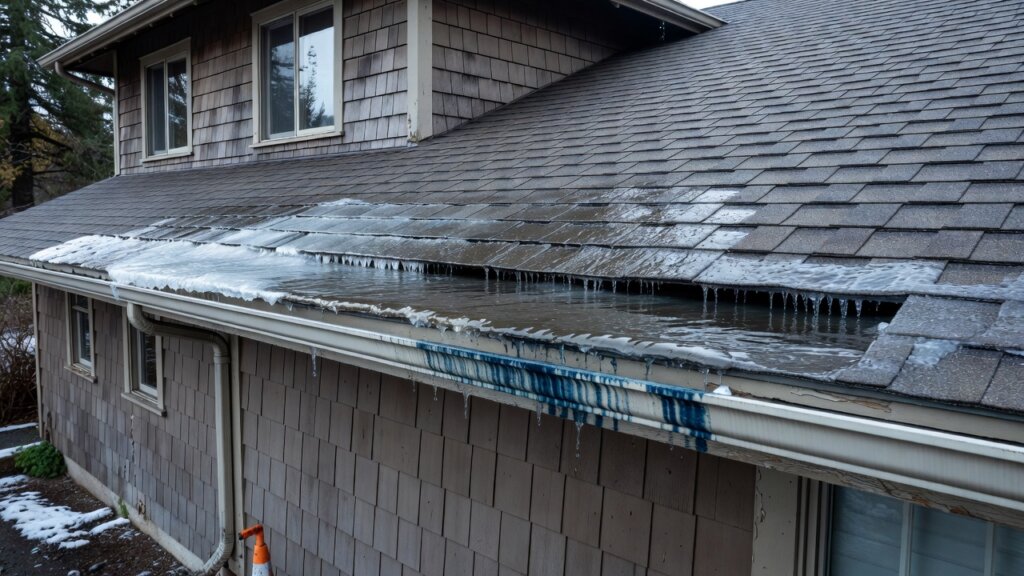 Ice dam forming along the eave of a Seattle-area home during a winter freeze-thaw cycle, showing the ice ridge and pooled meltwater backing up under shingles