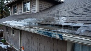 Ice dam forming along the eave of a Seattle-area home during a winter freeze-thaw cycle, showing the ice ridge and pooled meltwater backing up under shingles