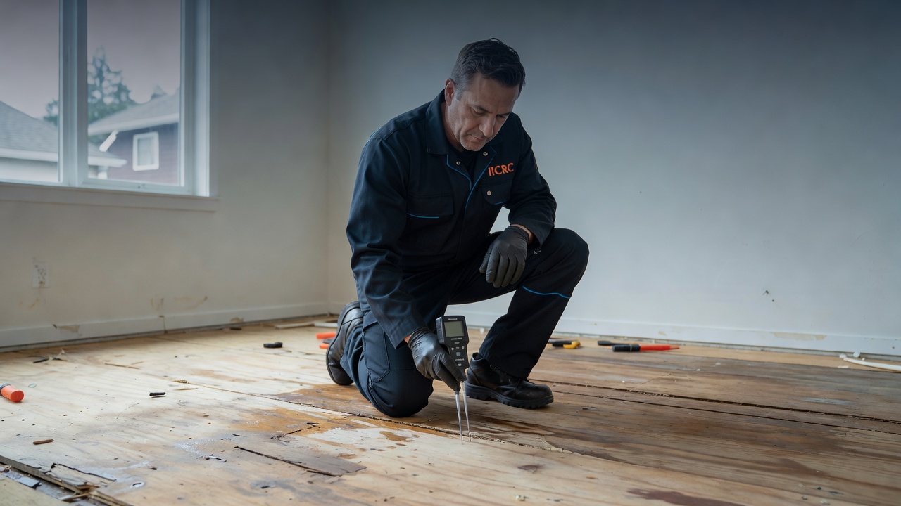 IICRC-certified technician using moisture meter on water-damaged subfloor after water heater leak cleanup in Seattle